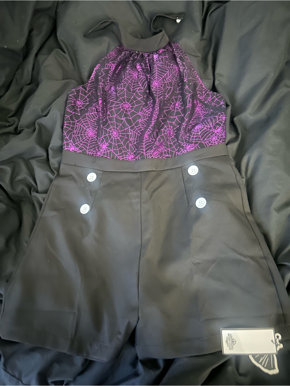 Sleeveless Black Romper with Purple Web-Print Bodice